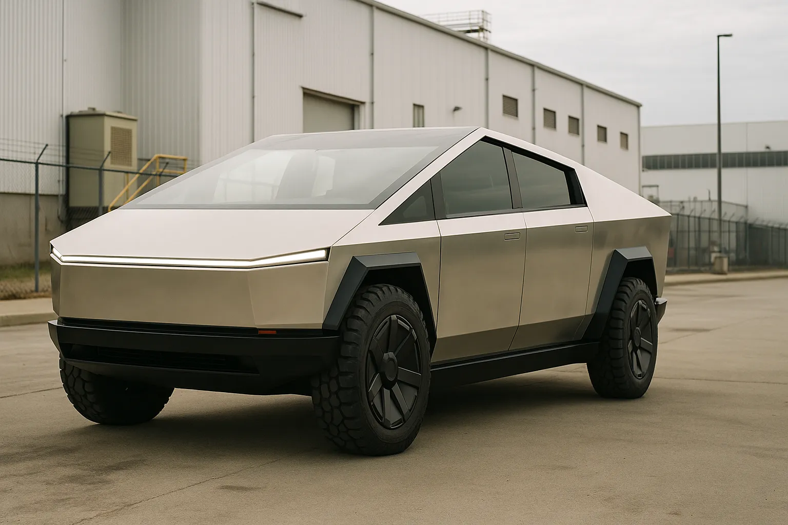 Tesla Cybertruck parked near a factory-style industrial building, shown from the front three-quarter angle