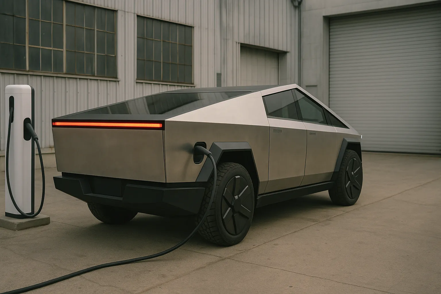 Tesla Cybertruck parked near a factory-style industrial building, shown from the front three-quarter angle supporting image 2
