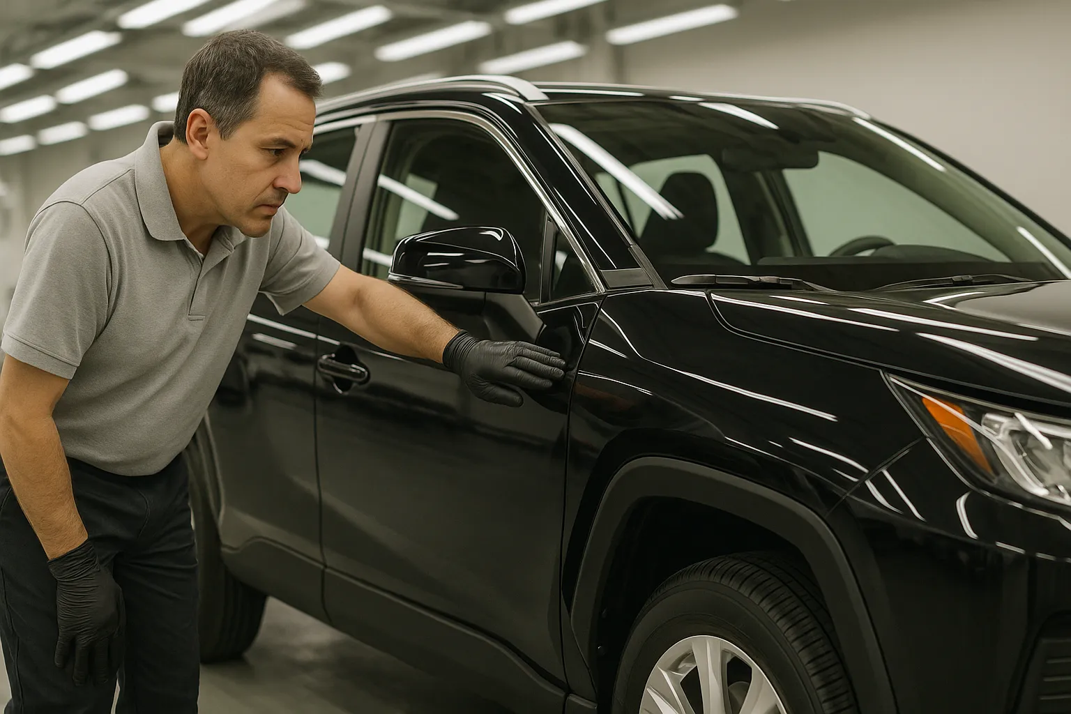 Ein Servicebereich eines Toyota- und Nissan-Händlers, in dem Techniker den Lack und die Ausrichtung der Karosserieteile eines neuen Fahrzeugs prüfen, unterstützendes Bild 1