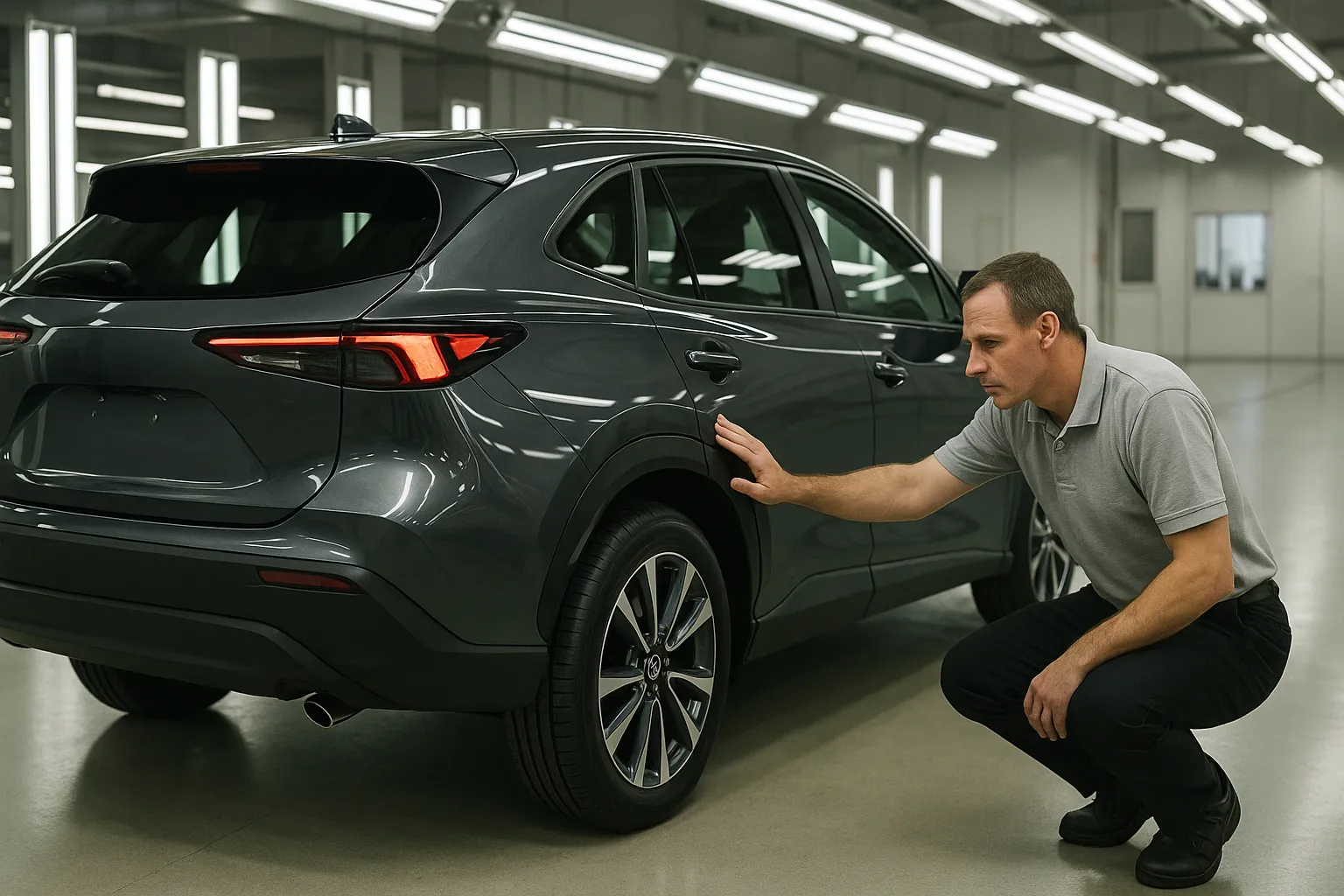 Ein Servicebereich eines Toyota- und Nissan-Händlers, in dem Techniker den Lack und die Ausrichtung der Karosserieteile eines neuen Fahrzeugs prüfen, unterstützendes Bild 2