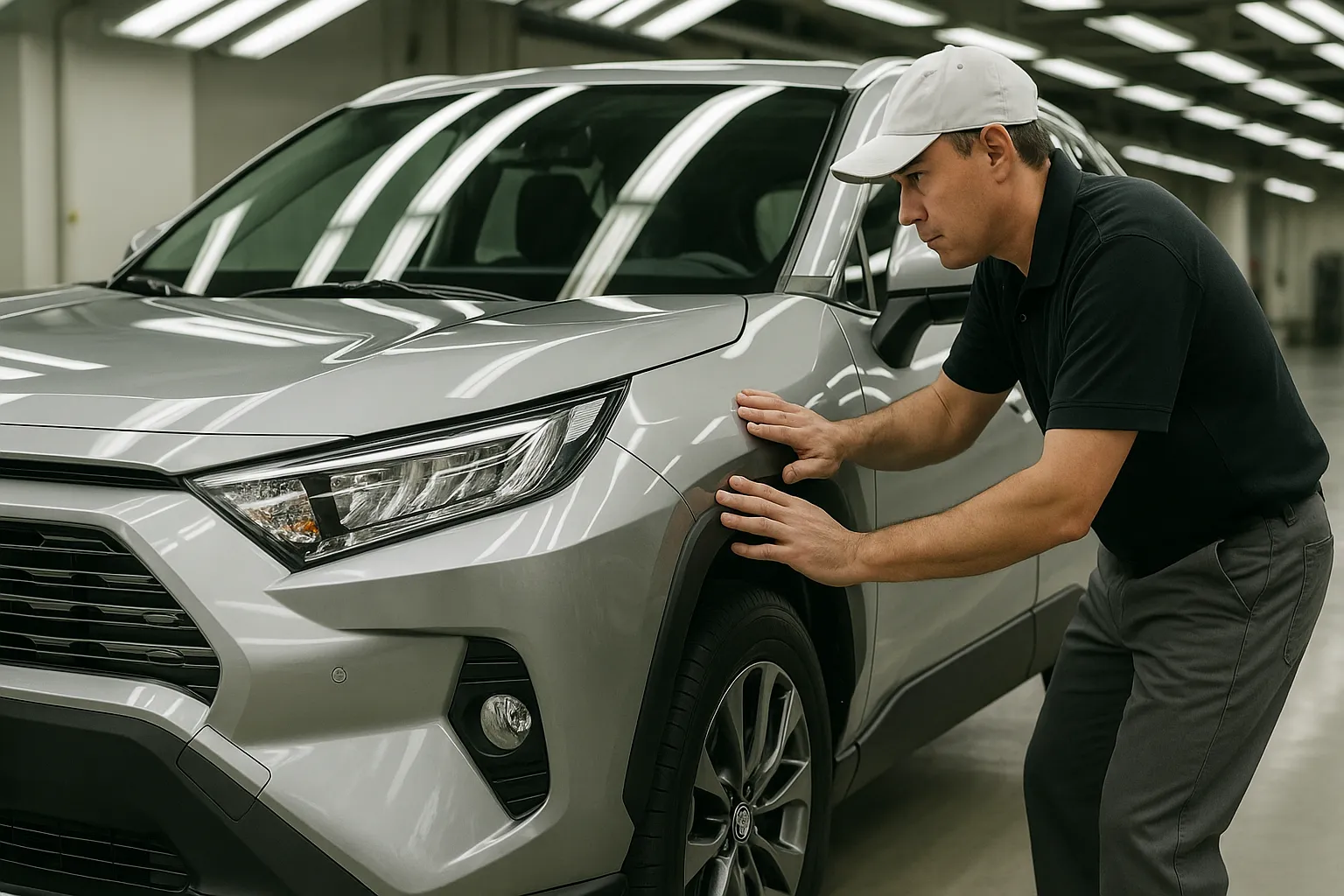 Ein Servicebereich eines Toyota- und Nissan-Händlers, in dem Techniker den Lack und die Ausrichtung der Karosserieteile eines neuen Fahrzeugs prüfen