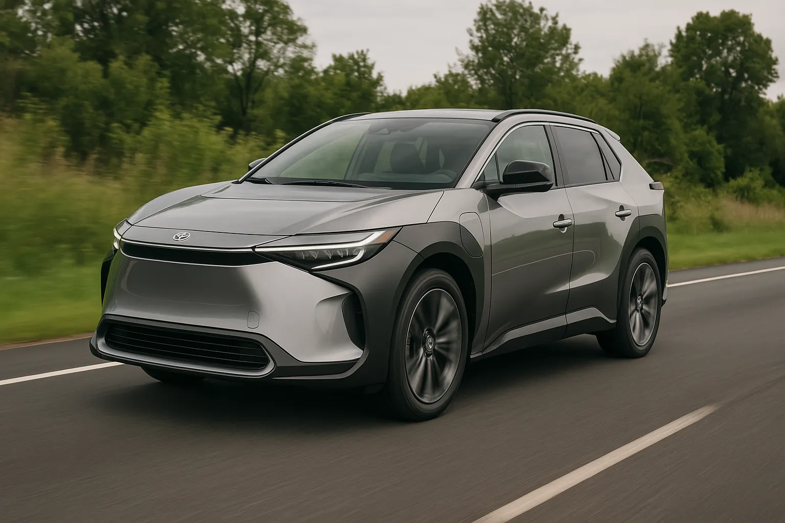 A Toyota bZ electric SUV driving on a road, representing the related Toyota, Lexus and Subaru EV recall