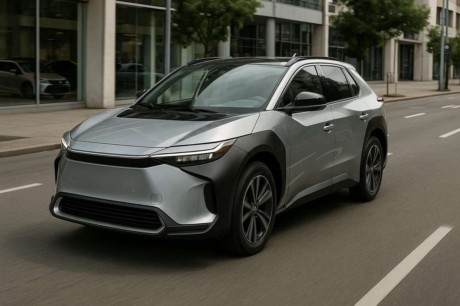 Toyota electric SUV driving on an urban road with city buildings in the background