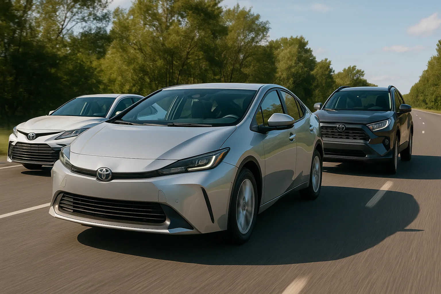 Toyota hybrid models including a Prius and RAV4 Hybrid parked on a modern city street