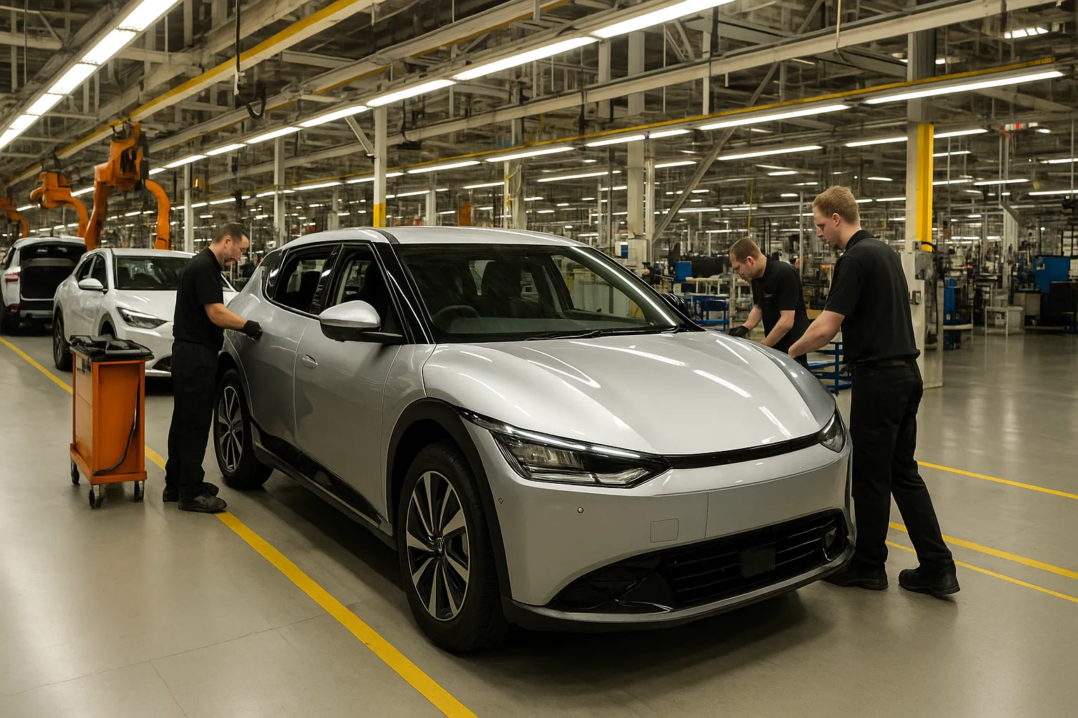 Electric vehicles moving through a modern UK car factory production line with workers and robotic equipment