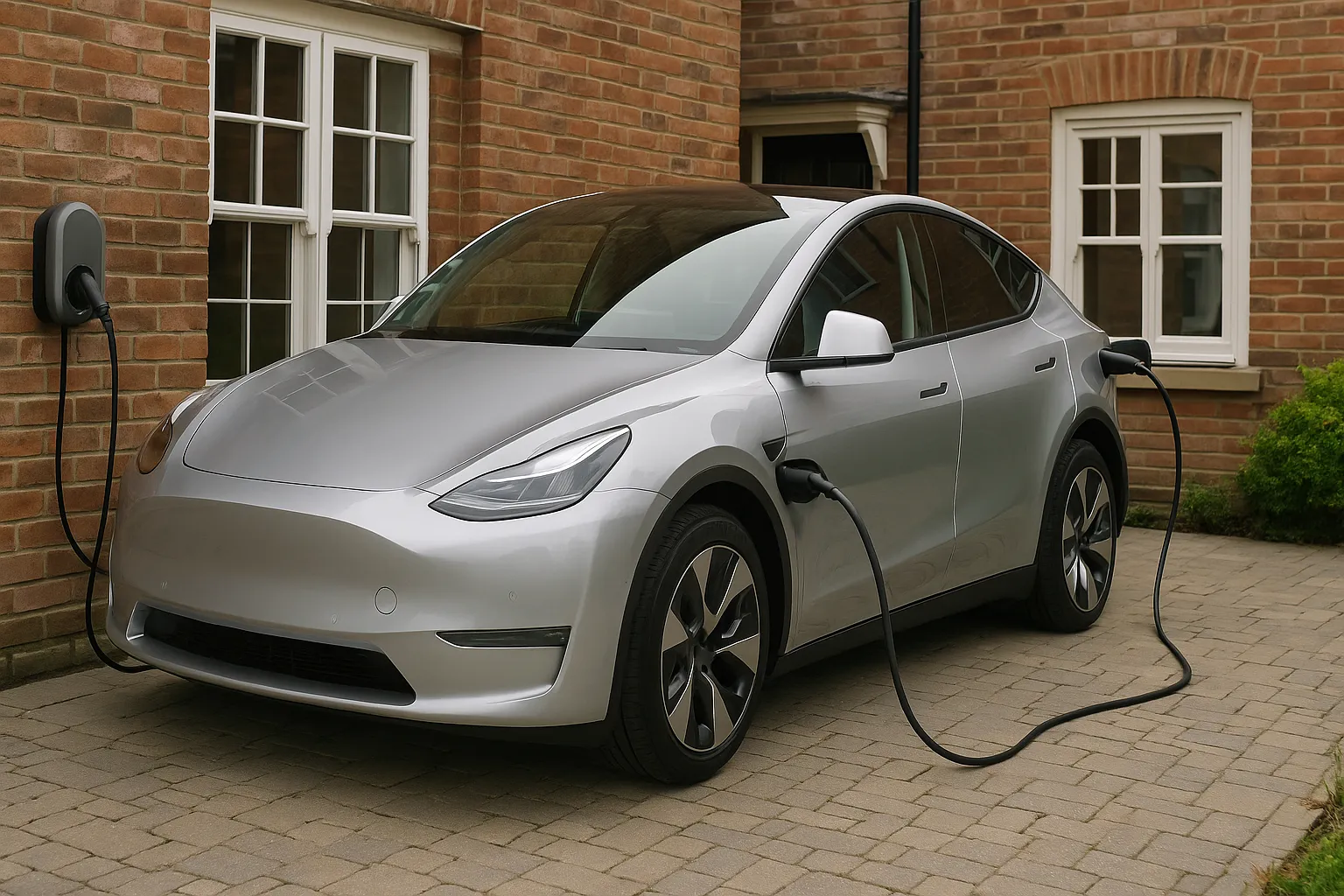 Ein Elektroauto lädt in der Dämmerung in einer Einfahrt vor einem britischen Haus