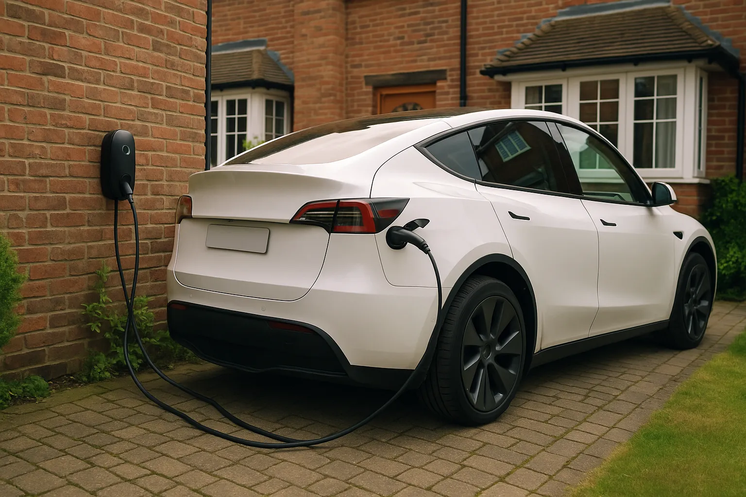 An electric car charging on a driveway outside a UK home at dusk supporting image 2