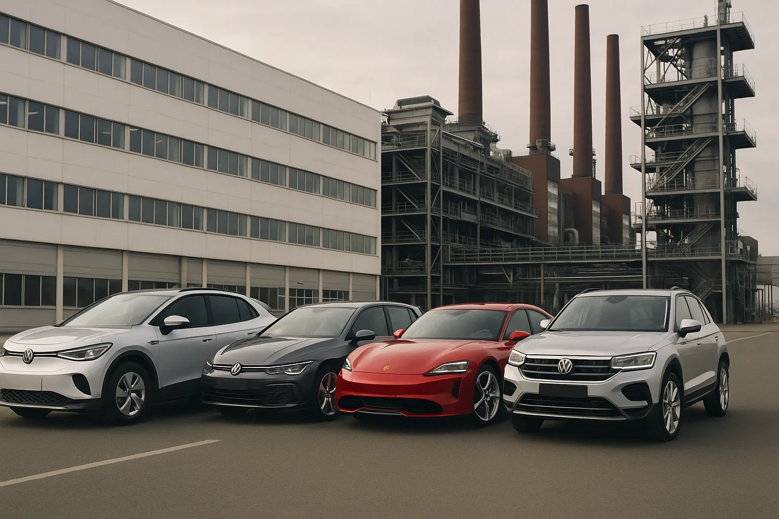 Fahrzeuge der Volkswagen Group vor einem modernen Fabrikgebäude geparkt