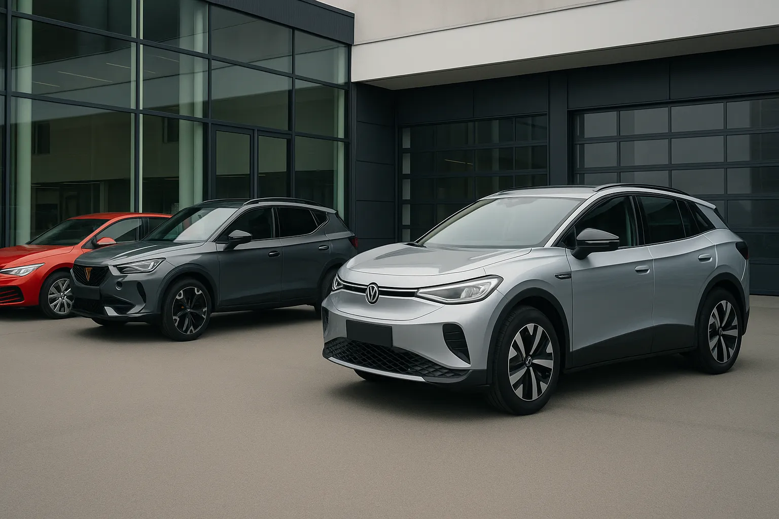 Fahrzeuge des Volkswagen Konzerns stehen in der Dämmerung vor einem modernen Autohaus