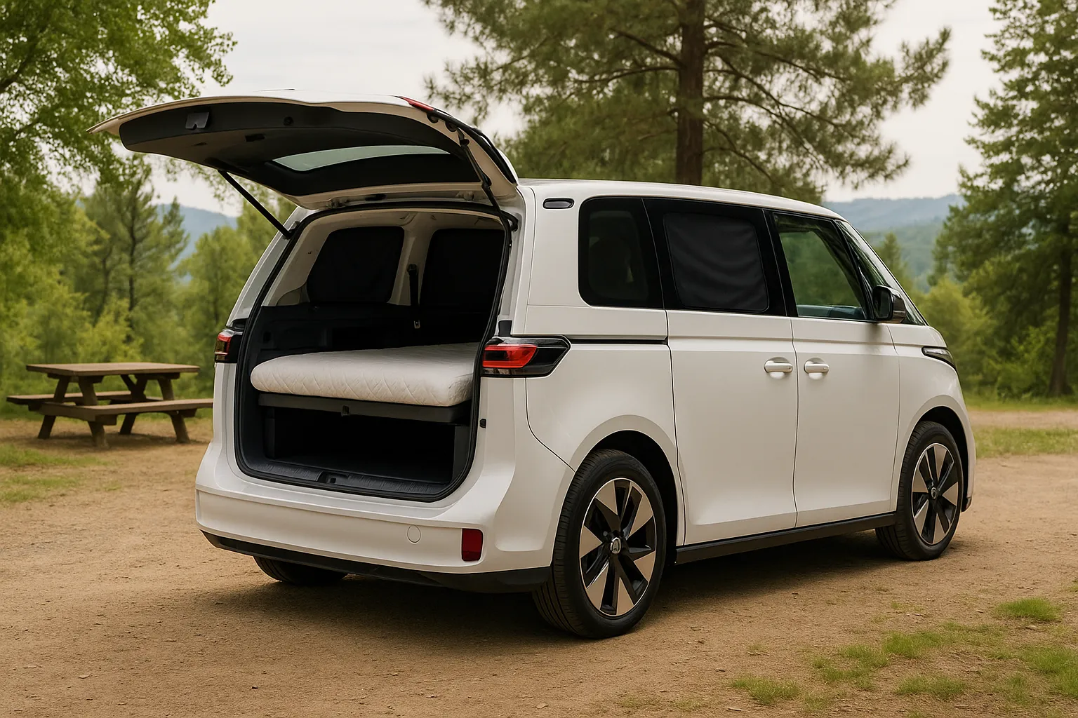 Volkswagen ID. Buzz Elektro-Van fürs Camping mit Heckbett und Zubehör eingerichtet