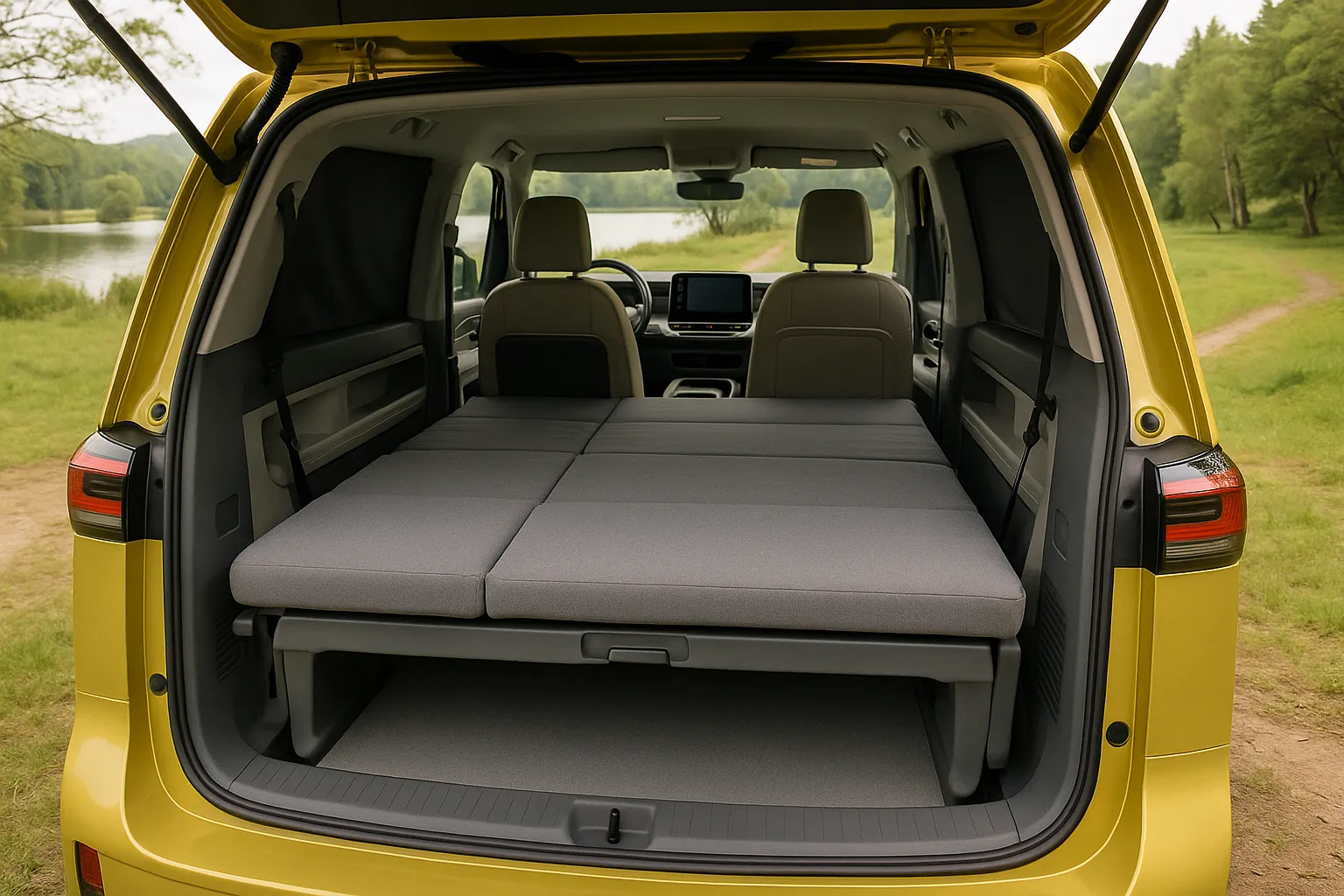 Volkswagen ID. Buzz electric van set up for camping with rear bed and accessories supporting image 1