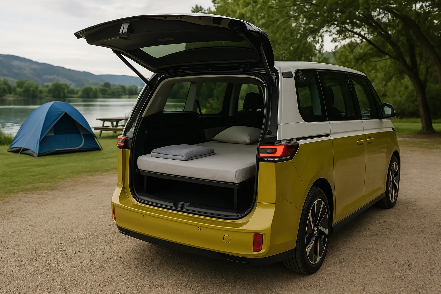 Volkswagen ID. Buzz electric van set up for camping with rear bed and accessories supporting image 2