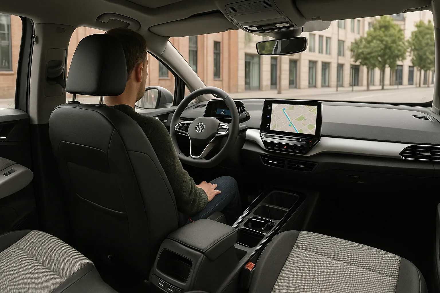 Volkswagen ID. Buzz electric van driving on a city street with traffic and modern buildings in the background supporting image 1