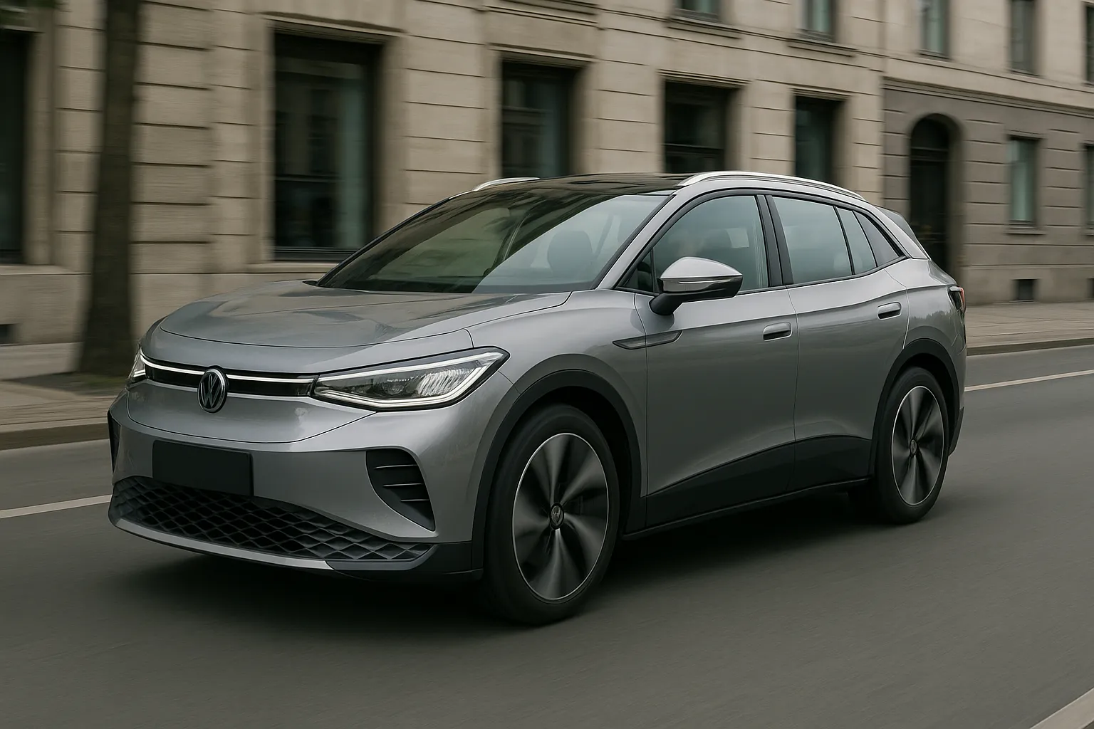 Ein moderner elektrischer Volkswagen-SUV fährt in der Dämmerung auf einer europäischen Stadtstraße