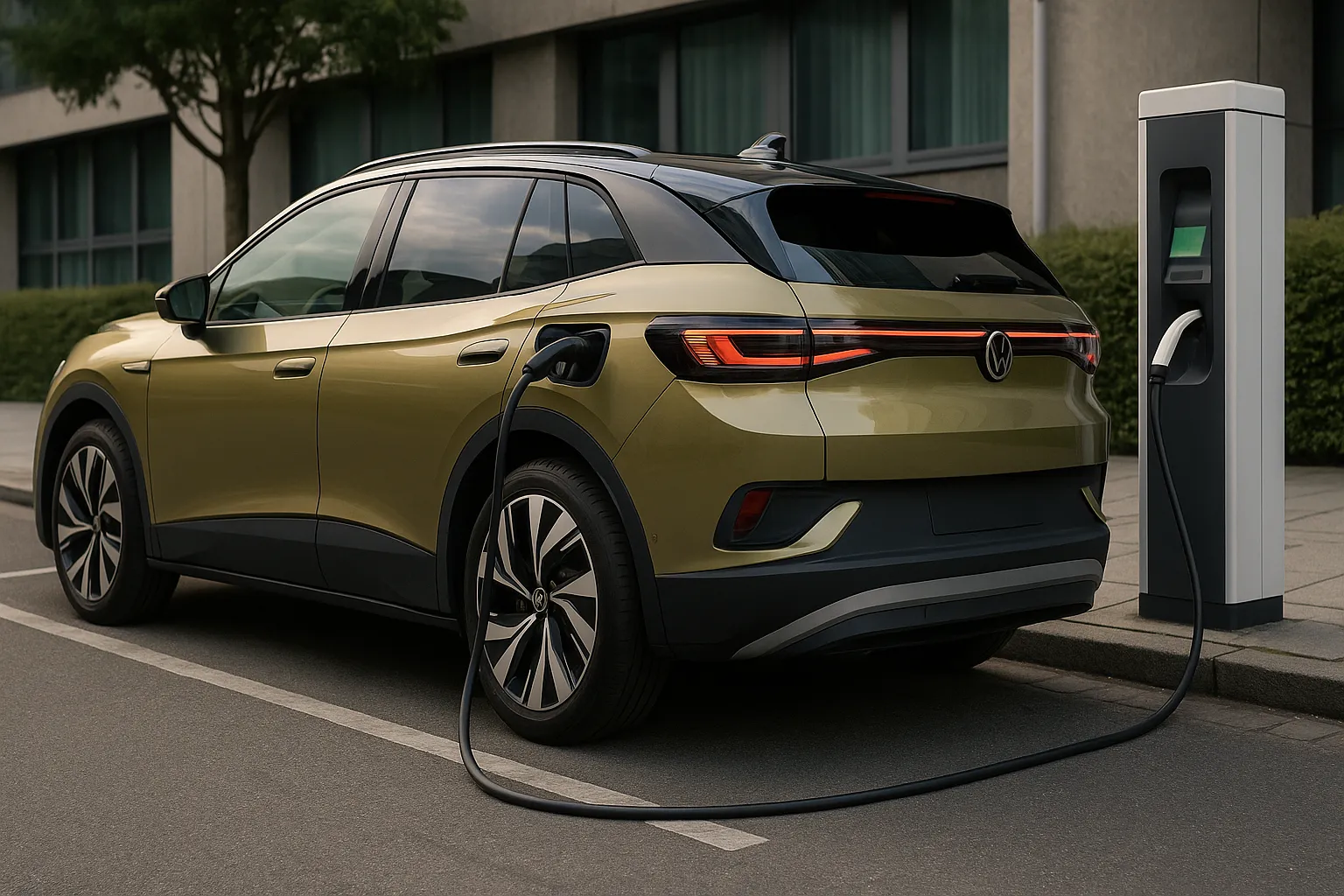 A modern Volkswagen electric SUV driving on a European city street at dusk supporting image 2