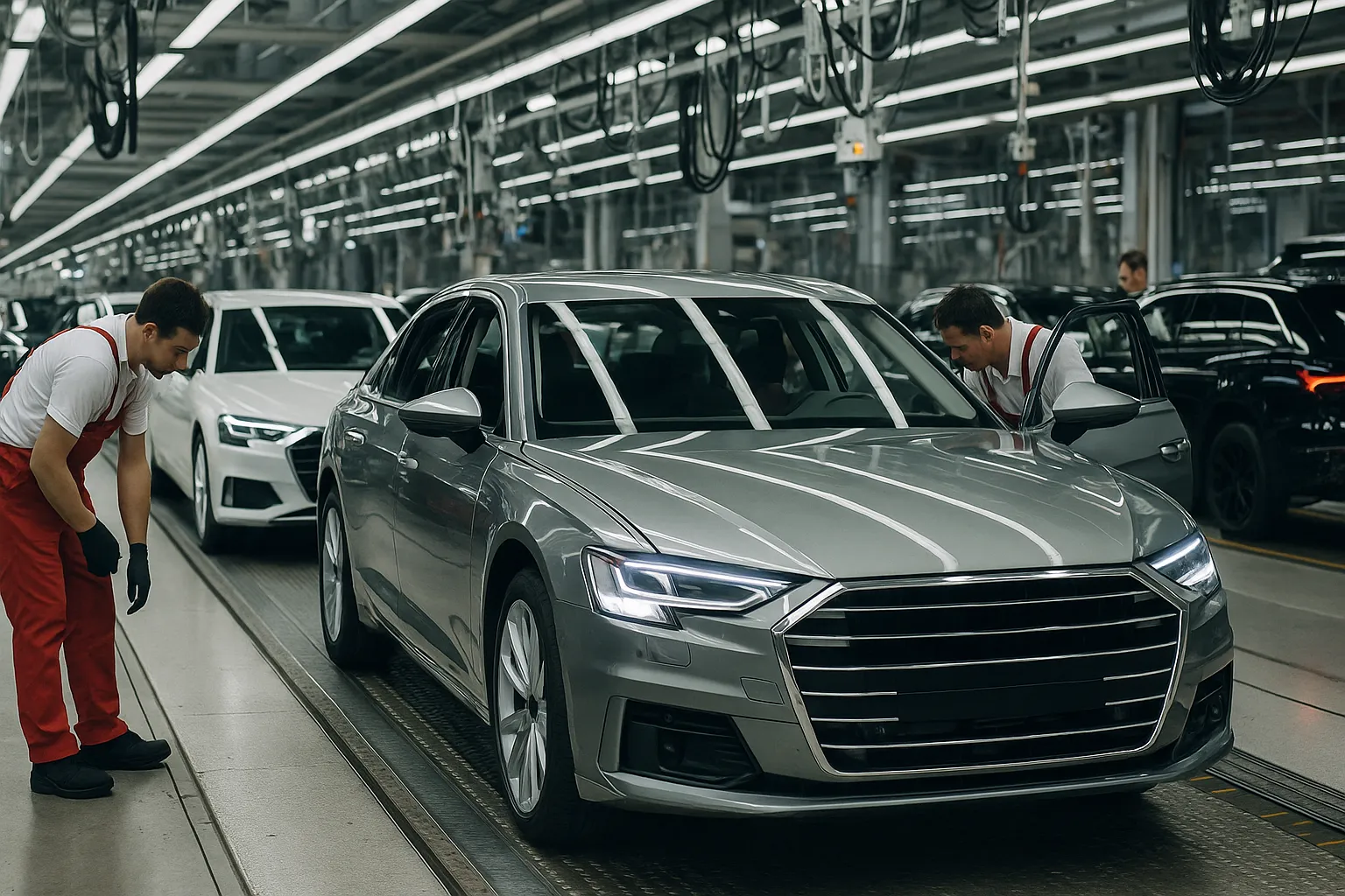 Audi vehicles on an assembly line inside a modern German automotive factory