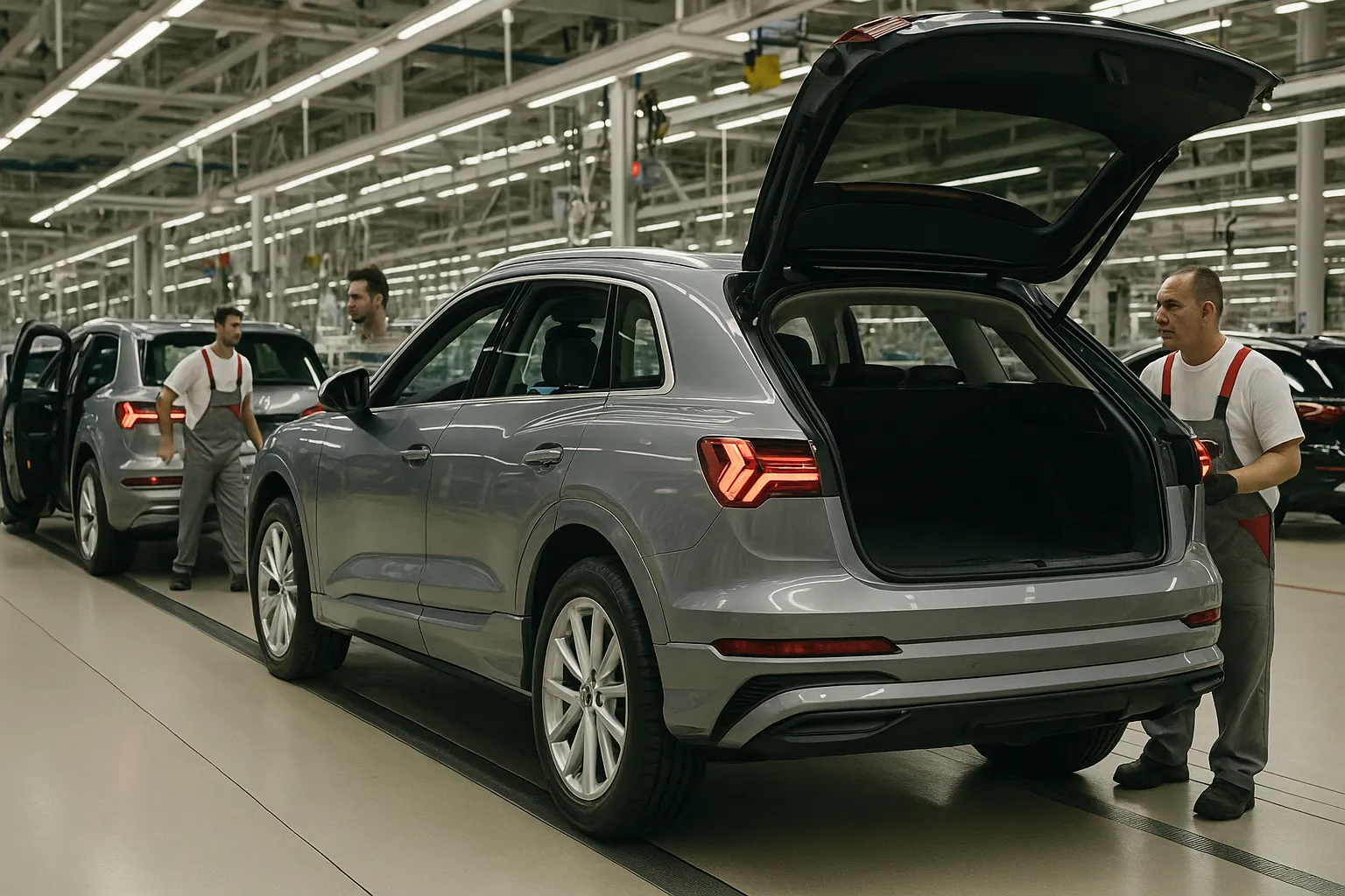 Audi vehicles on an assembly line inside a modern German automotive factory supporting image 1