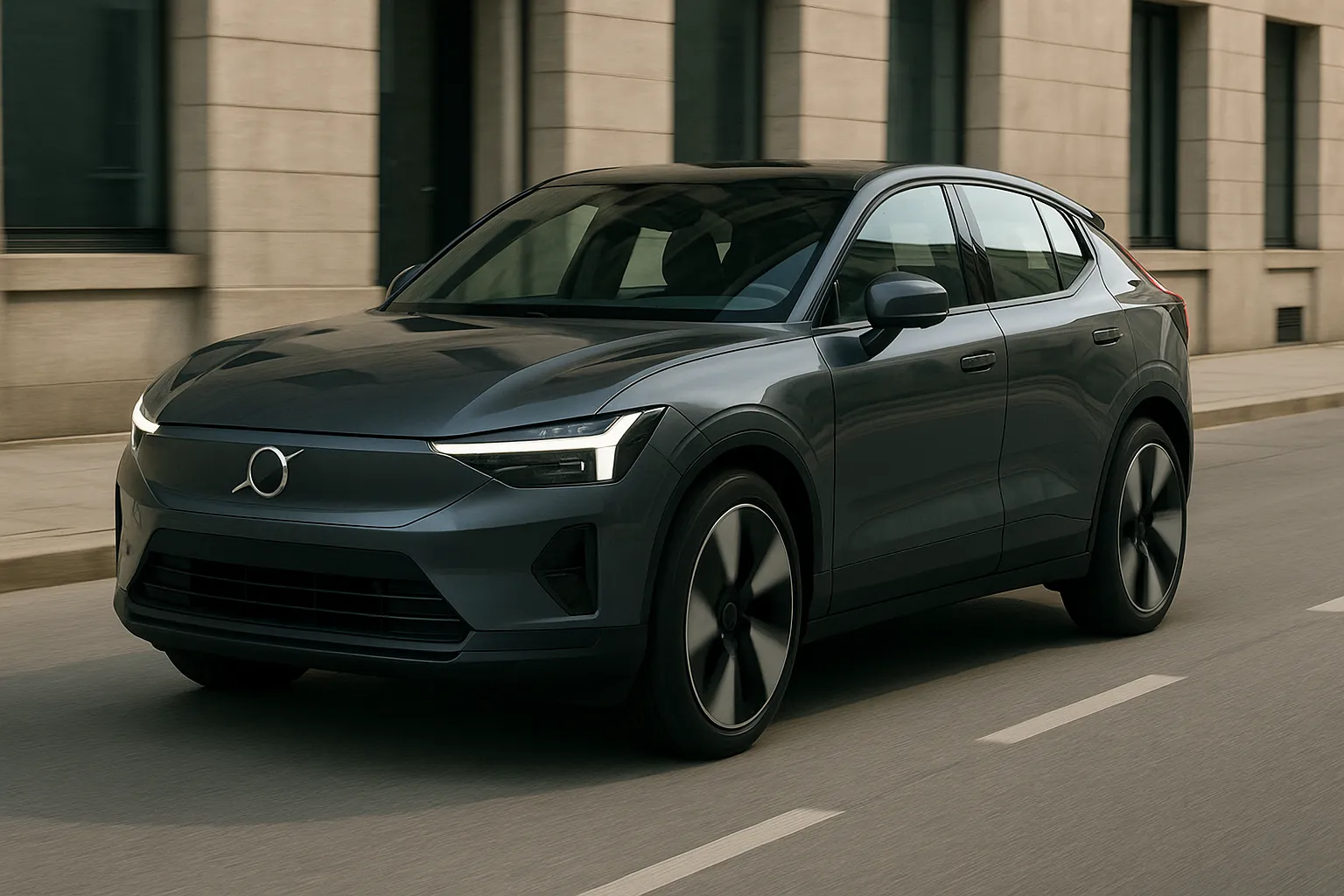 Volvo electric SUV driving on a modern urban road at dusk