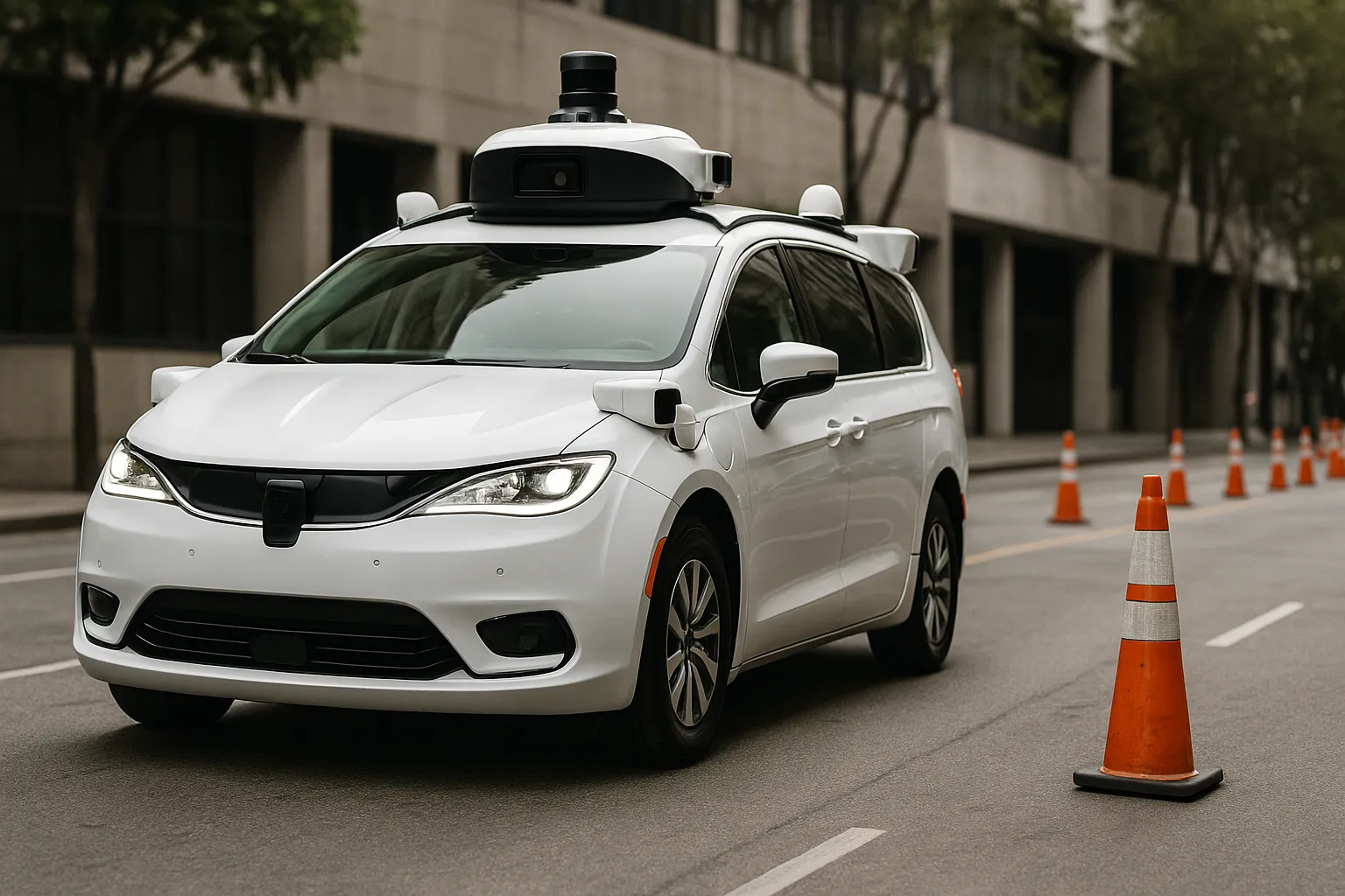 A Waymo autonomous robotaxi driving on a city street near orange construction cones